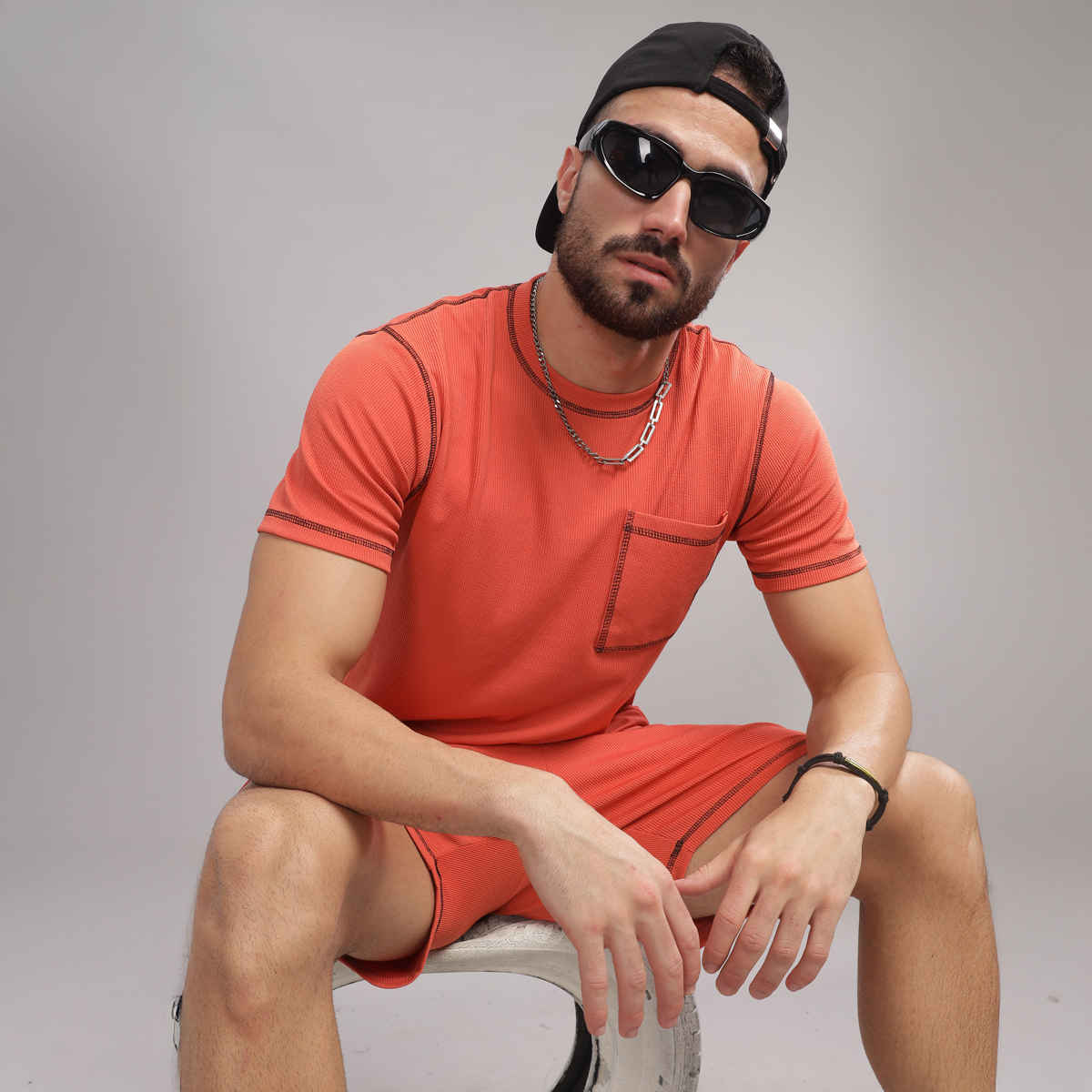 FTX Men's Structured Fabric Solid Regular Fit Co-ord Set T-shirt & Shorts | Rust - S