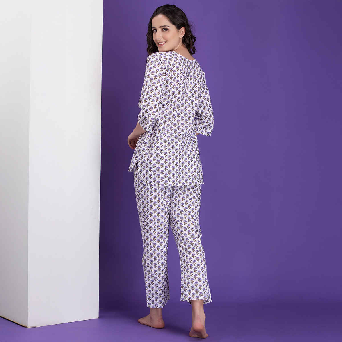 Clovia Pretty Florals Top & Pyjama - 100% Cotton(Blue - Xl)