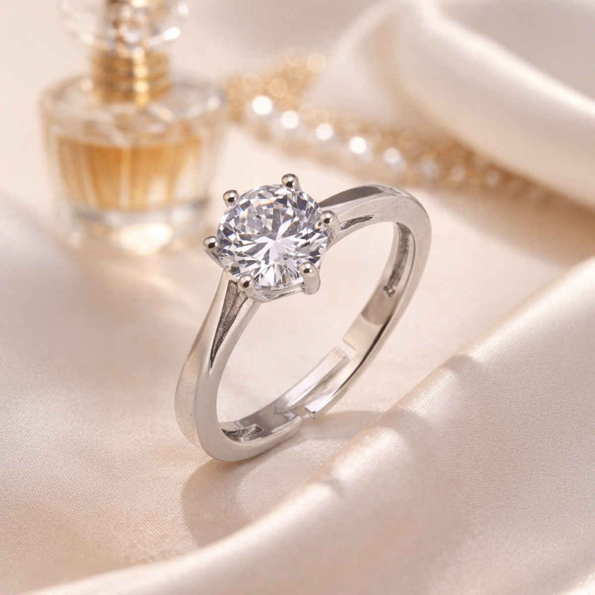 Sukkhi Latest Stylish Rhodium Plated CZ Solitaire Valentine Finger Ring for Women | Free Size