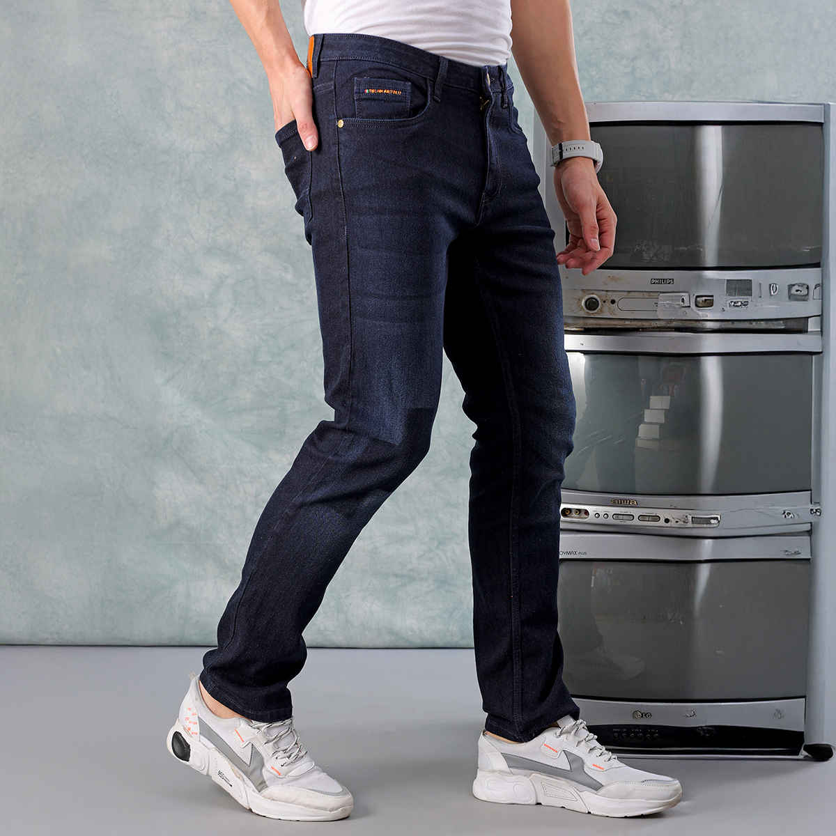 The Indian Garage Co Men's G-Jake Slim Straight Fit Jeans Solid Street Jeans | Blue - 36