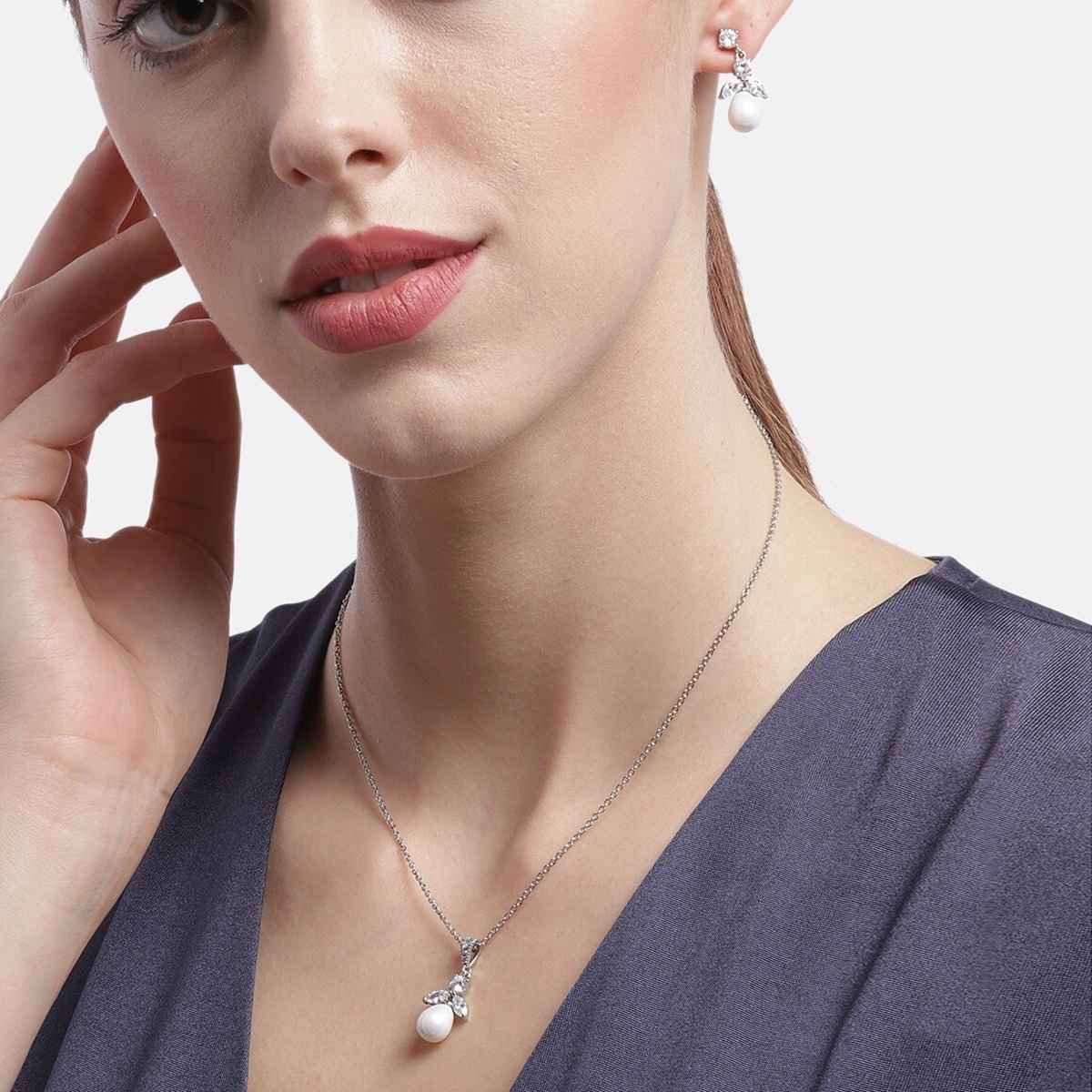 Carlton London Rhodium Plated with CZ and Pearl Necklace and Earring Set | FJS3330