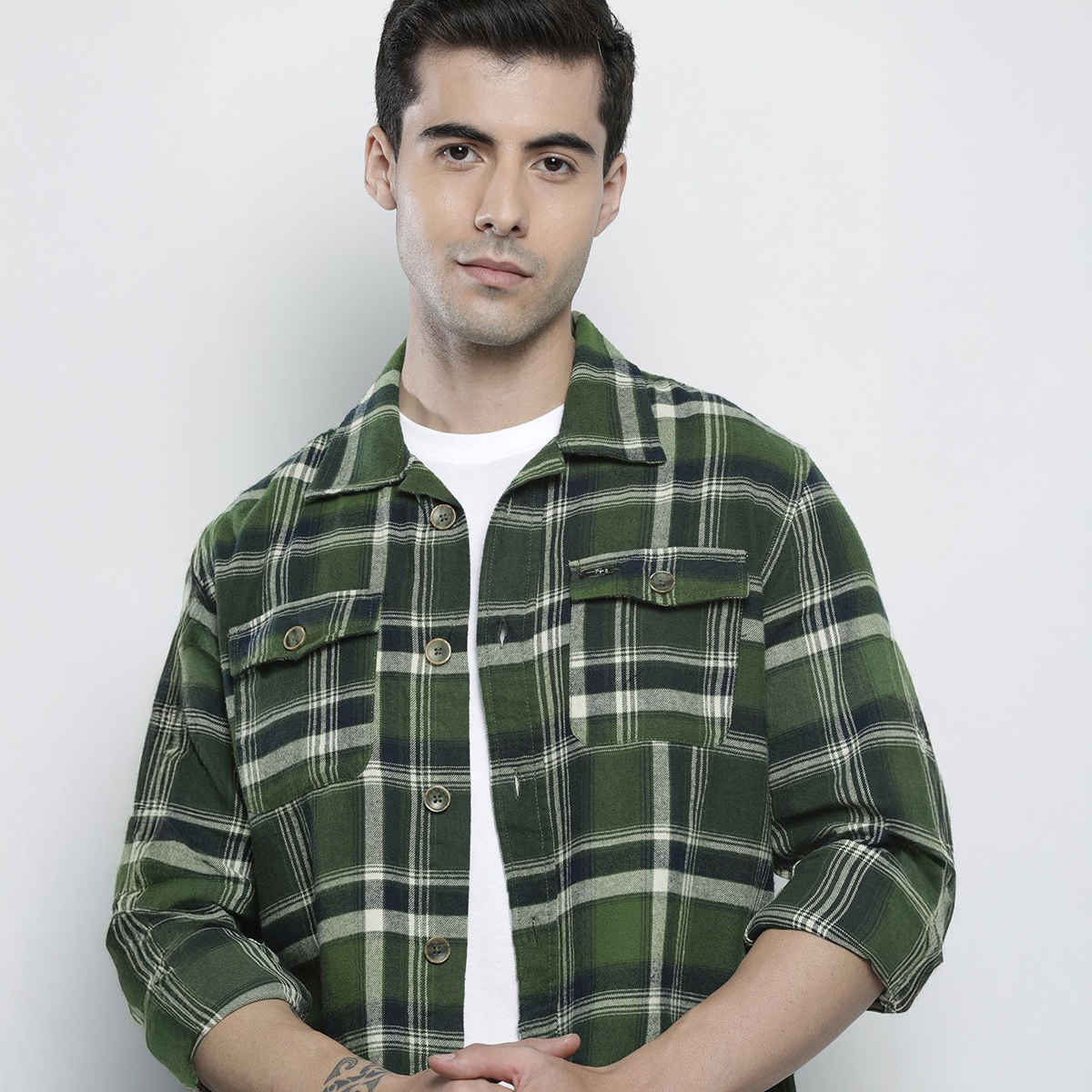 The Indian Garage Co Men's Regular Fit Checked Casual Shirt | Olive - L