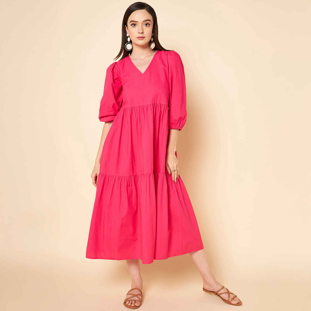 High Star Women Pink V-Neck Puff Sleeve Fit & Flare Midi Dress (Size-M)