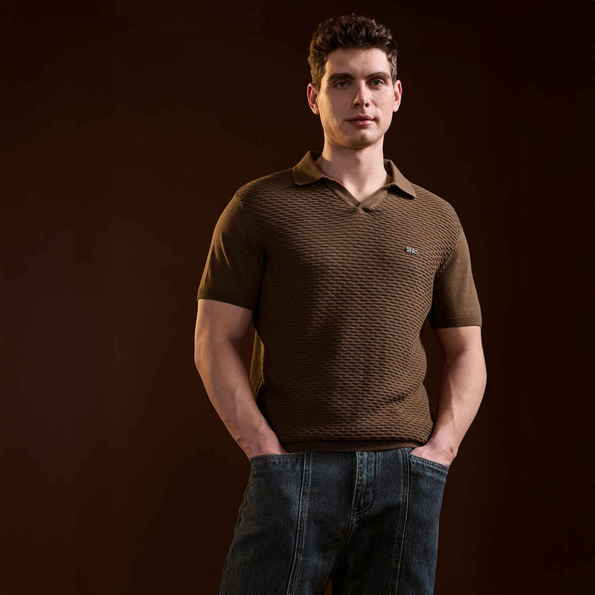 The Bear House Men's Geometric Textured Knit Slim Fit Polo | Brown - S