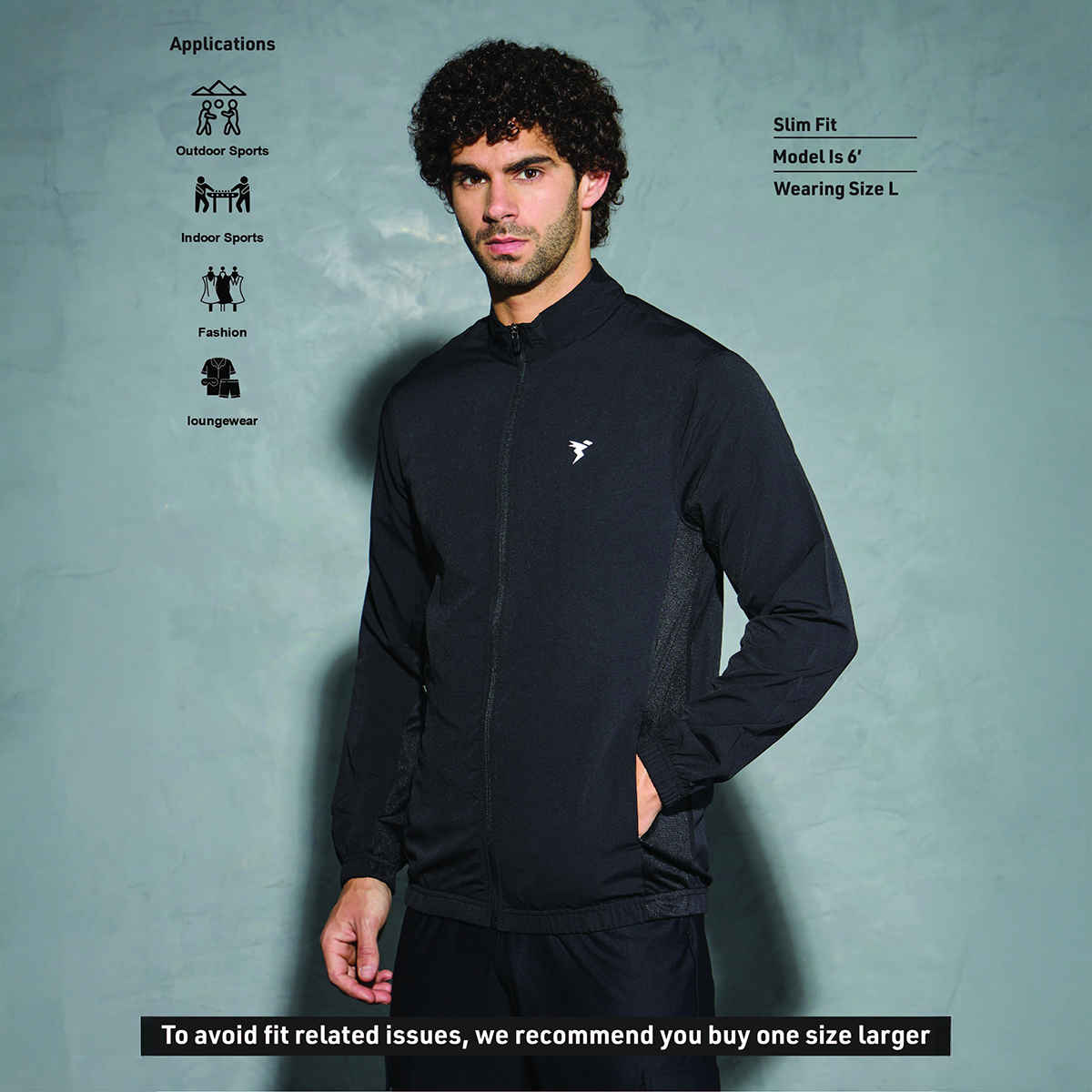 Technosport Men's Poly Solid Slim Fit Mock Neck Full Sleeve Sports Jacket | Black - M