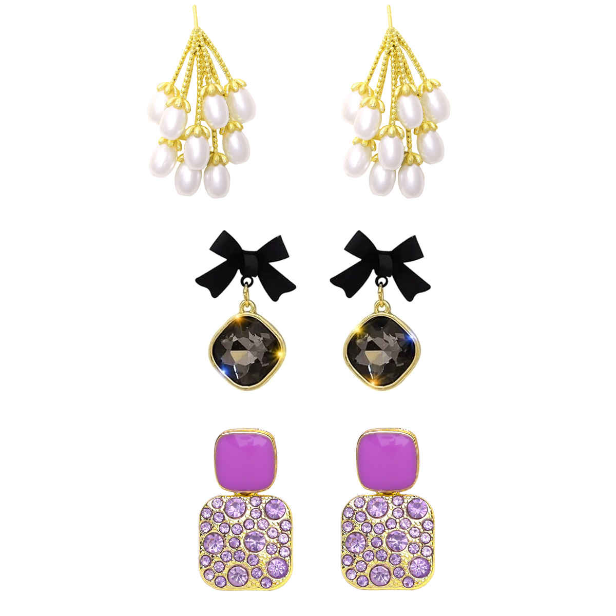 Estailo Fashion Bow, Pearl & Chain Earrings Combo - Stylish Trio Set