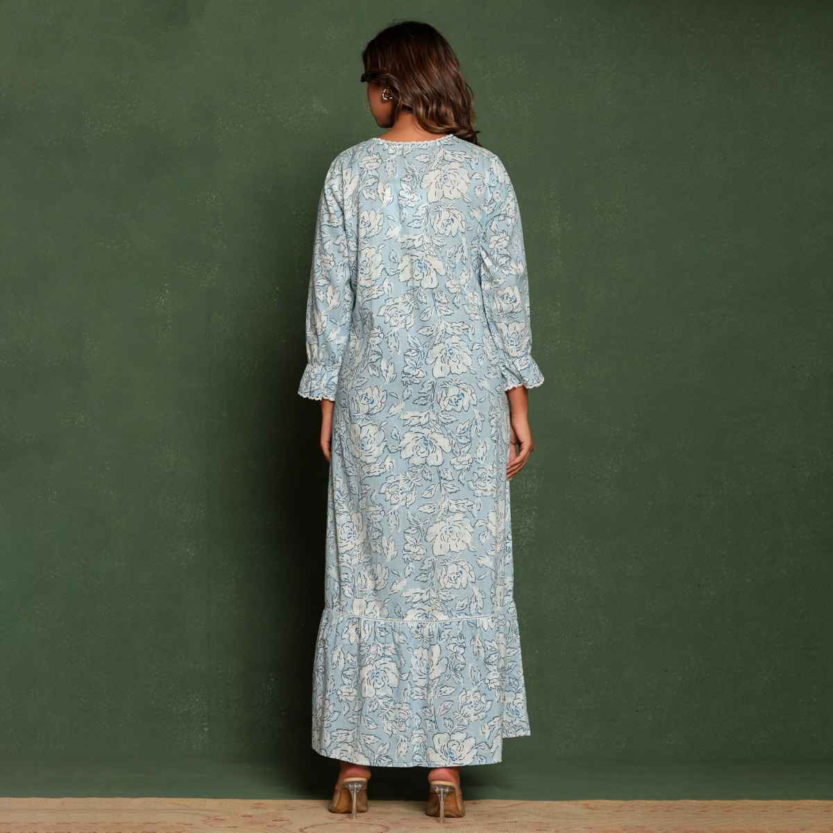 Nihsamah Women's Cotton Premium Printed Frock Nighty | Full Length | Sky Blue - M