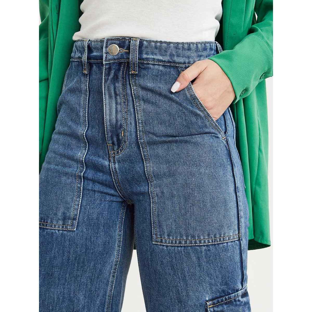 Styli Women's High Rise Wide Leg Jeans with Cargo Pocket | Blue - 26