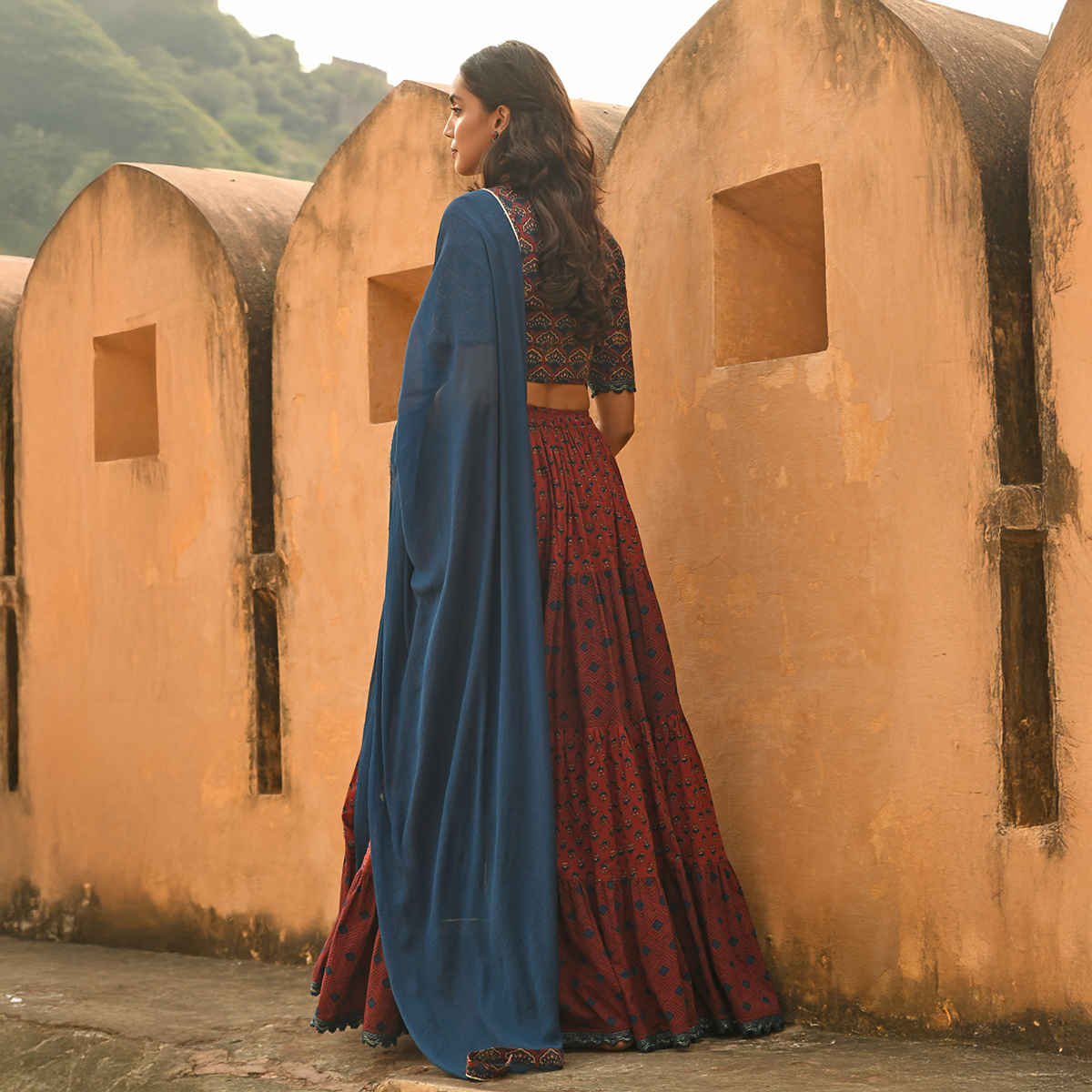 Janasya Women's Cotton Block Print Lehenga Choli with Dupatta | J0484 | Maroon - S