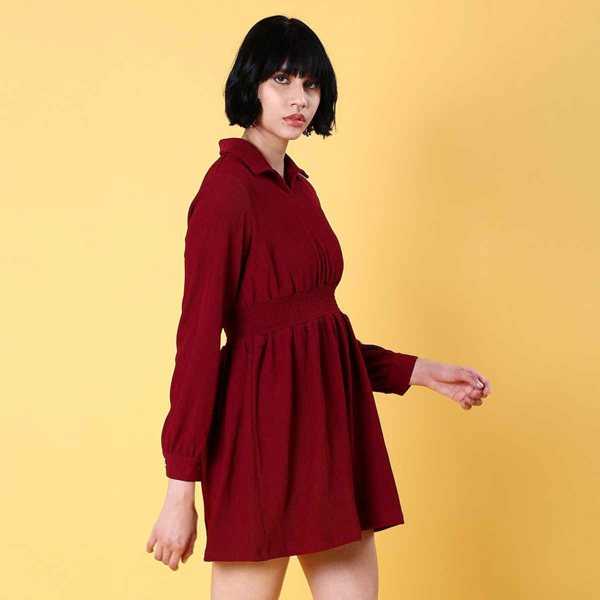 Freehand Women's Empire Fit Solid Street V-Neck Dress | Maroon - S