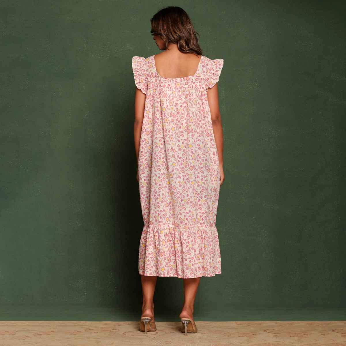 Nihsamah Women's Cotton Floral Printed Midi Frock Nighty | Midi Length | Off White - L