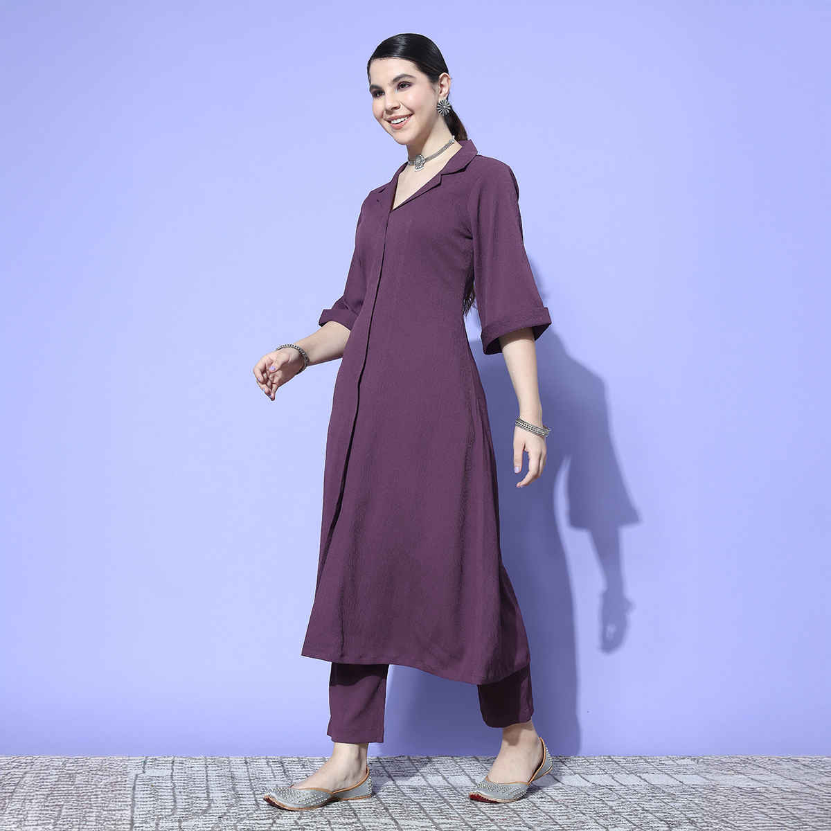 Varanga Women's Mauve Shirt Collar Neck A-Line Kurta Paired with Tonal Bottom | Mauve - M