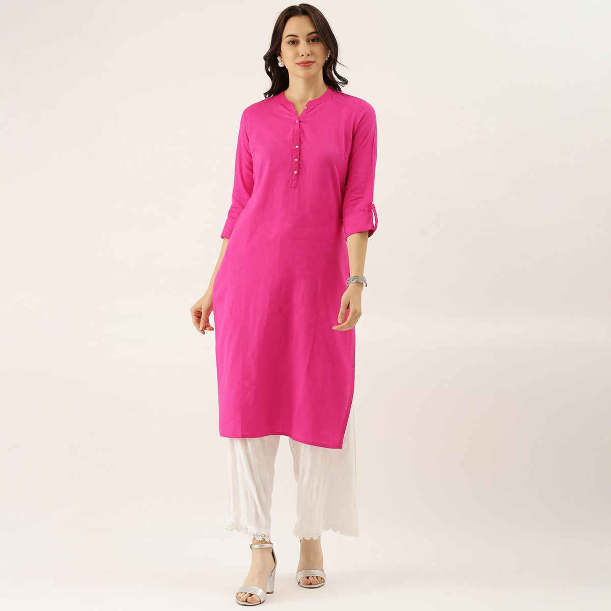 Divena Women's Pink Solid Straight Roll up Sleeve Kurti DK0563 | M
