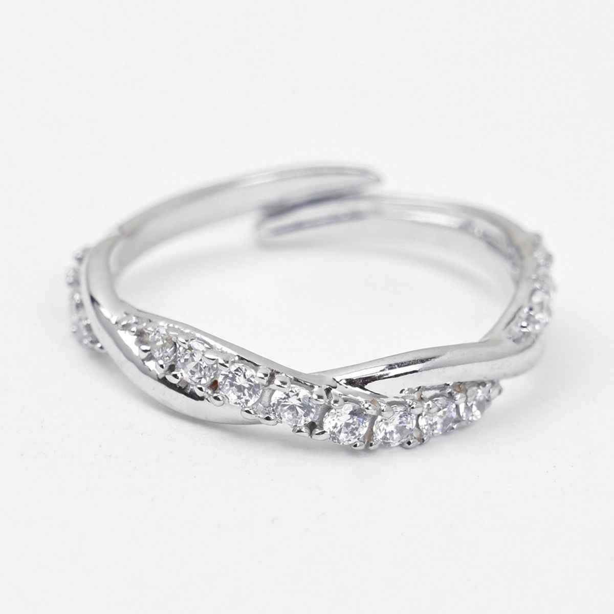 Clara Pure 925 Sterling Silver Twist Finger Ring | Adjustable Band | Swiss Zircon | Rhodium Plated