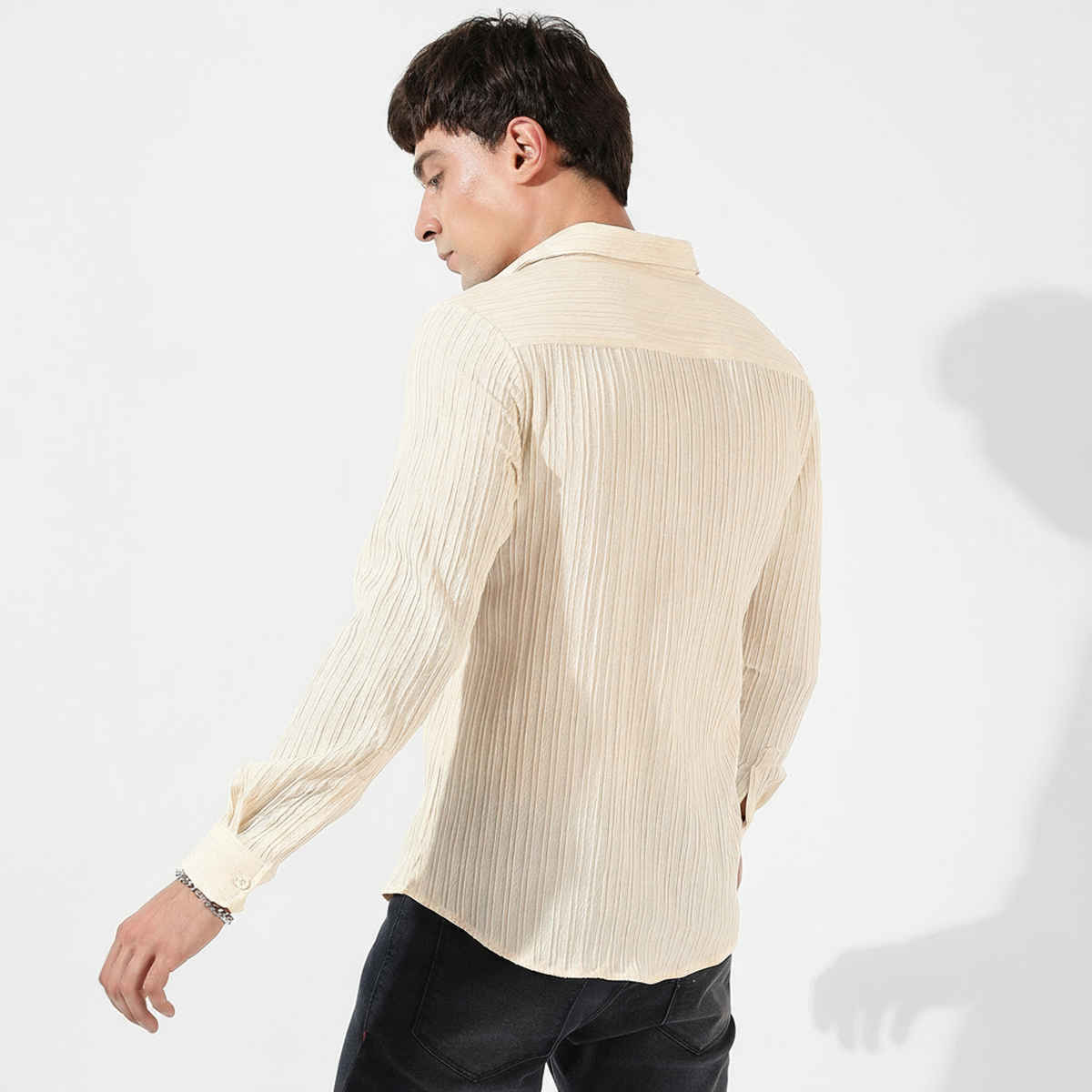 Campus Sutra Men's Self-Design Striped Shirt | Yellow - L