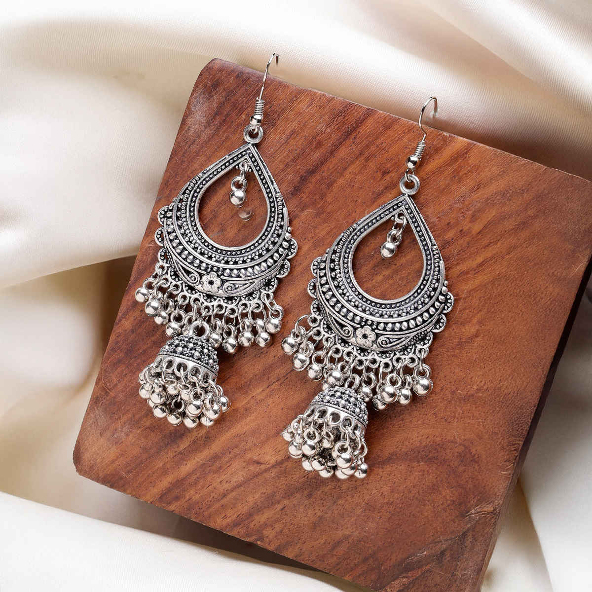 NVR Women's Silver-plated German Silver Oxidized Jhumka Earrings | NVR2679