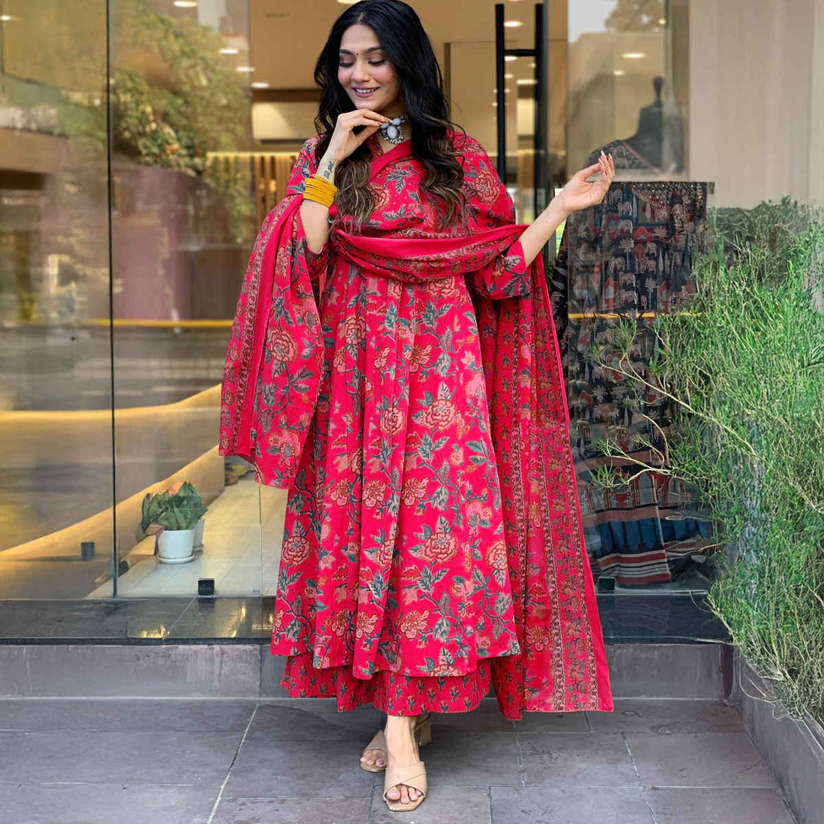 GoSriKi Women's Viscose Rayon Anarkali Printed Kurta with Pant & Dupatta | CIA | Pink - XL