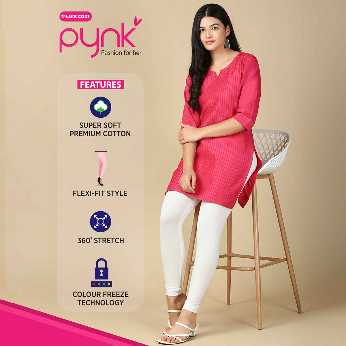 PYNK By Lux Cozi Women Flexi-Fit 360 Stretch Ankle Length Prime Cotton Leggings|Off White|Free Size