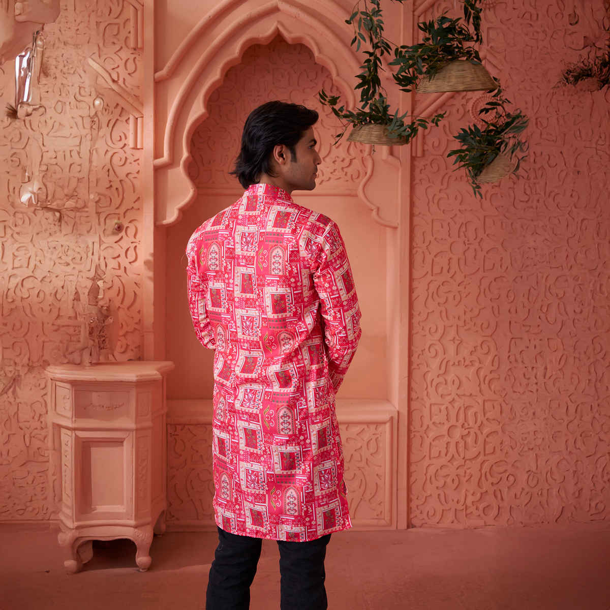 House Of Festivals Men's Printed Cotton Blend Long Kurta | Pink -XL