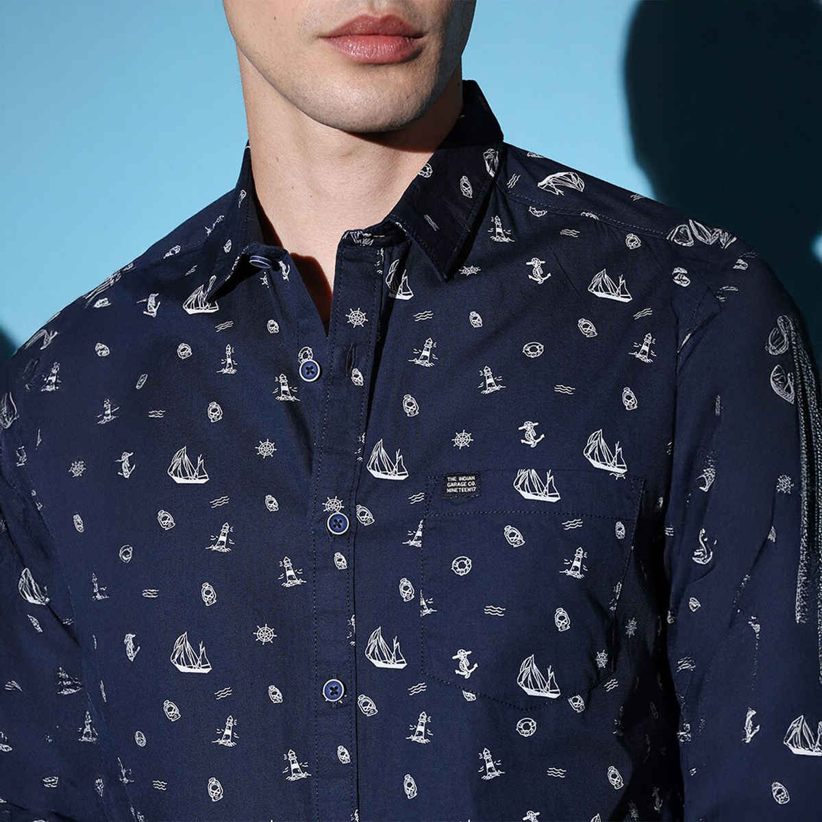 The Indian Garage Co Men's Slim Fit Conversational Print Casual Shirt | Navy Blue - 2XL