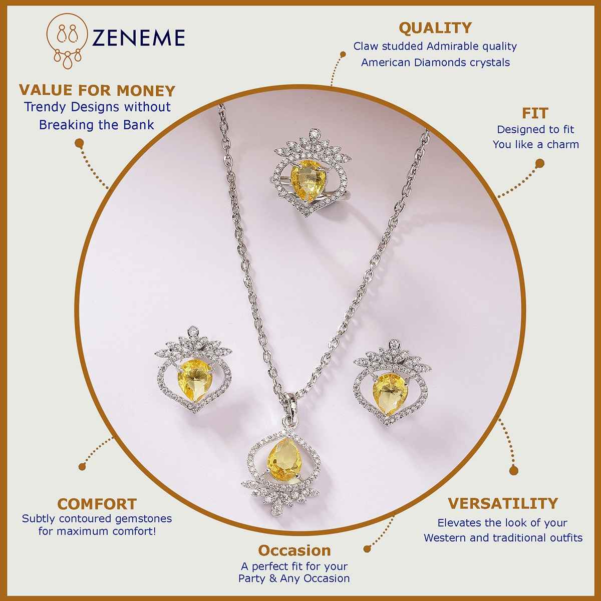 Zeneme Silver-Plated AD Studded Trilliant Crystal Yellow Necklace Earrings Ring For Women & Girls