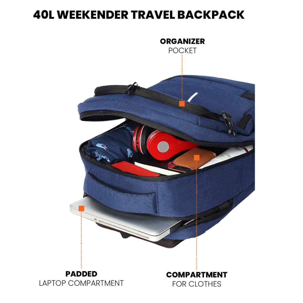 Fur Jaden Navy 38 L Weekender Travel Laptop Backpack | 15.6 inch Padded Laptop Sleeve