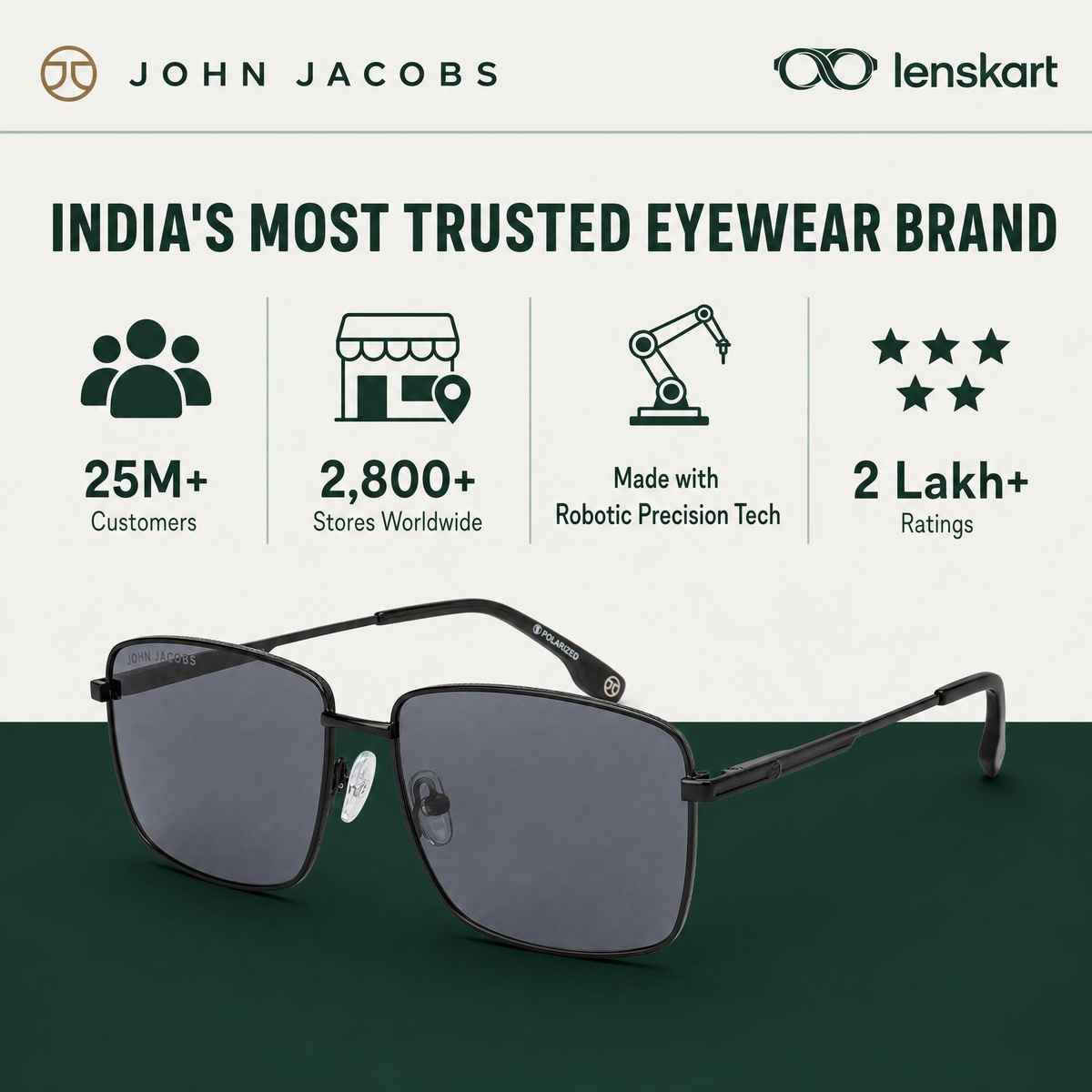 John Jacobs By Lenskart Unisex Solid Metal Rectangular Sunglasses | Black and Grey - Extra Wide