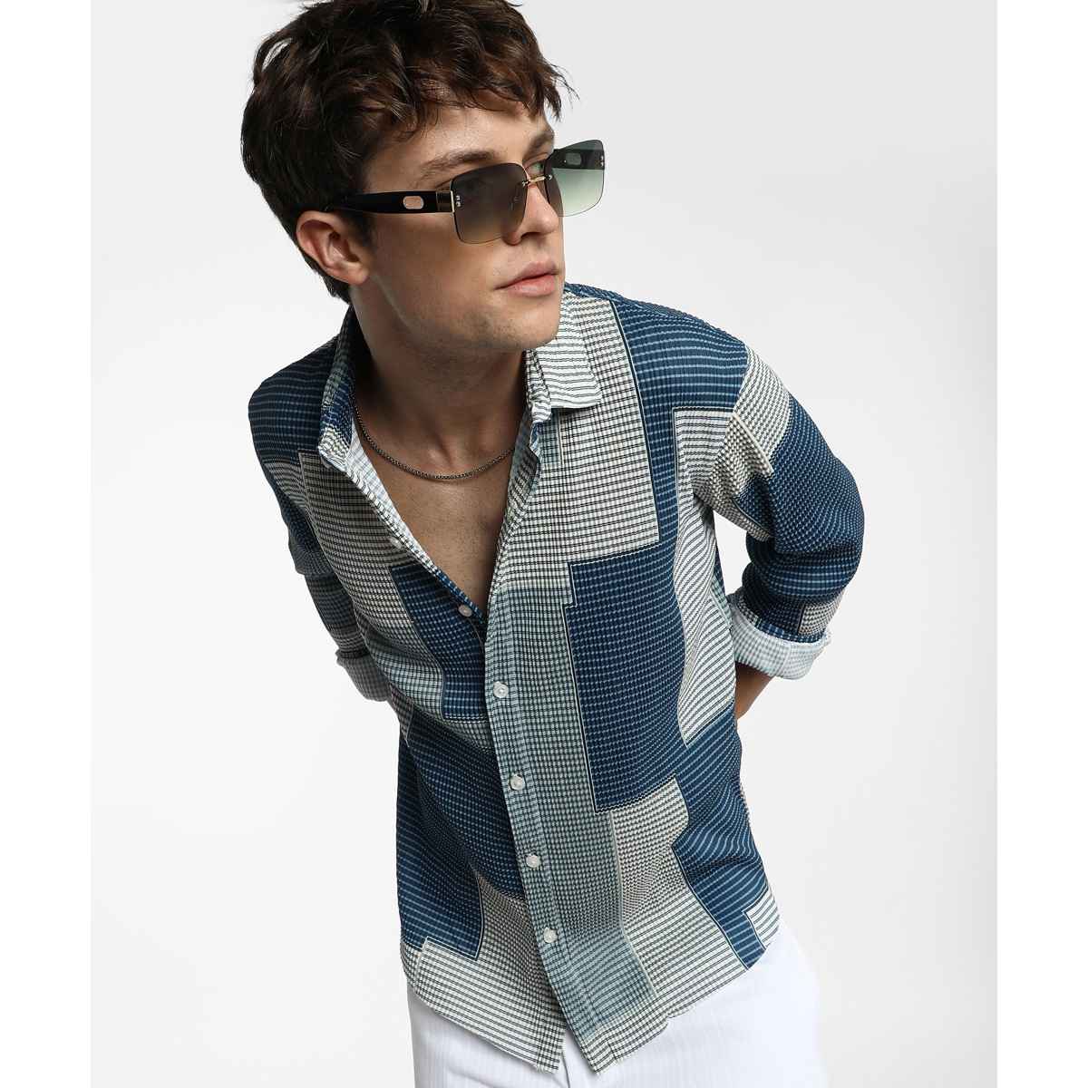 Campus Sutra Men's Retro-Pleat Shirt | Multicolour - S