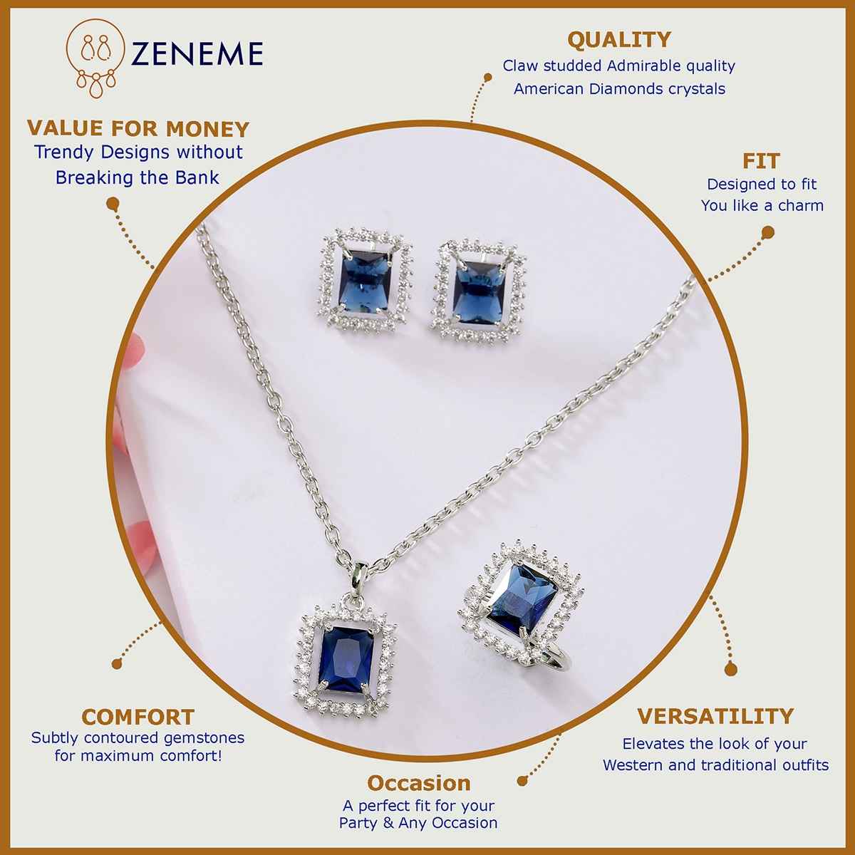 Zeneme Rhodium Plated AD Studded Princess Cut Crytsal Blue Necklace Earrings & Ring For Women
