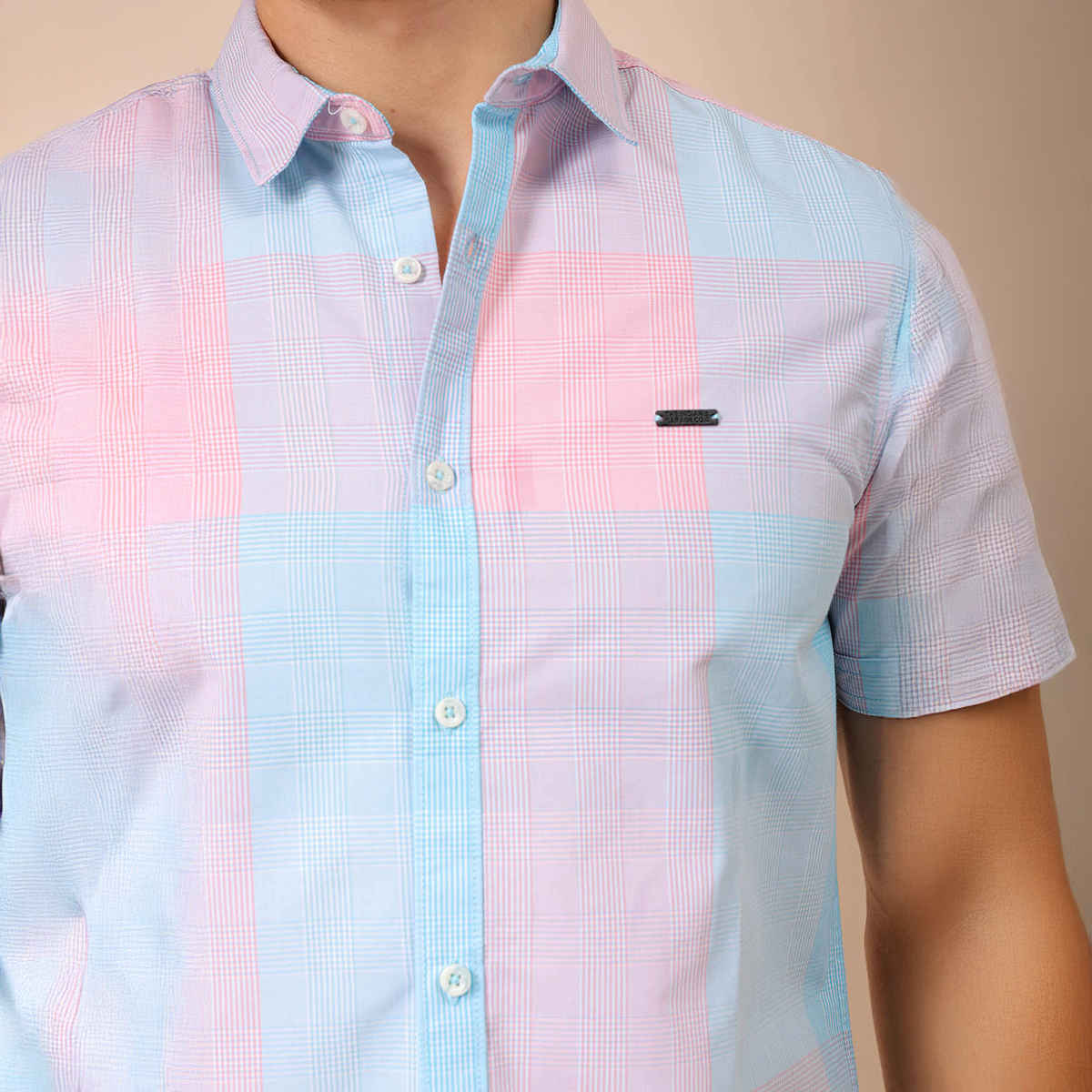 The Indian Garage Co Men's Slim Fit Checked Casual Shirt | Blue & Pink - XL