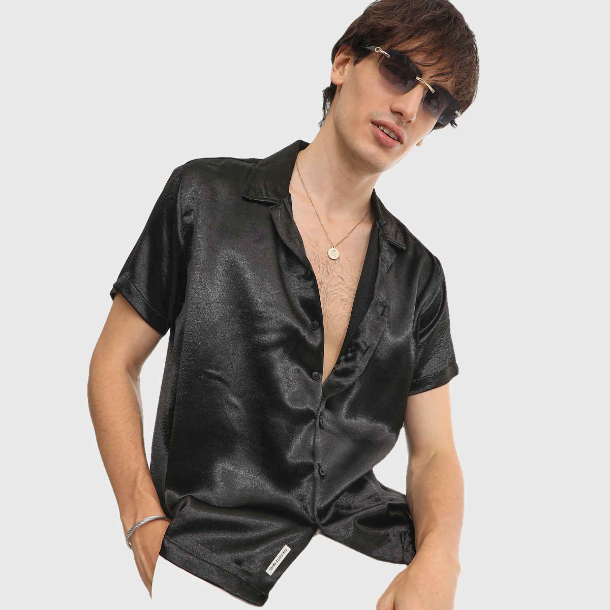 Campus Sutra Men's Midnight Black Solid Satin Shirt | Black - M