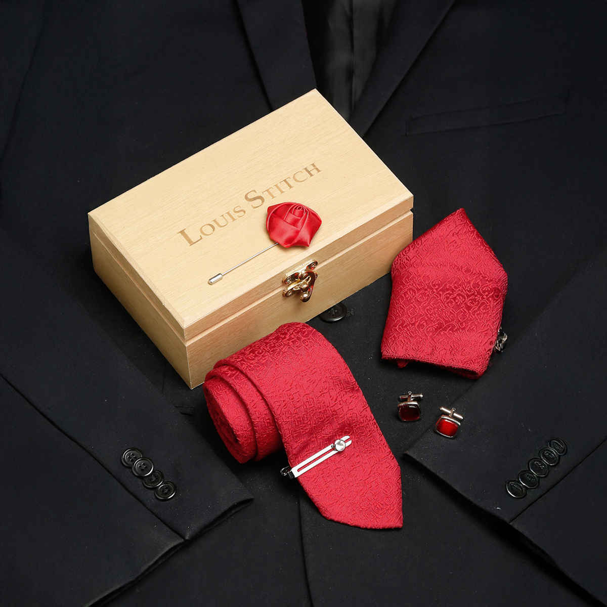 Louis Stitch Men's Silk Necktie Set | Indian Red - One Size