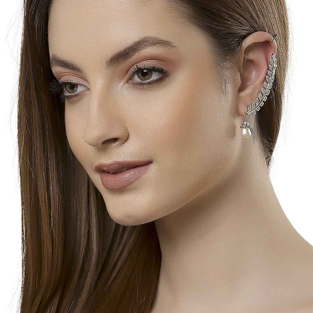 Zeneme Gold Plated American Diamond Leaf Shape Ear Cuff Earring Jewellery For Women & Girls