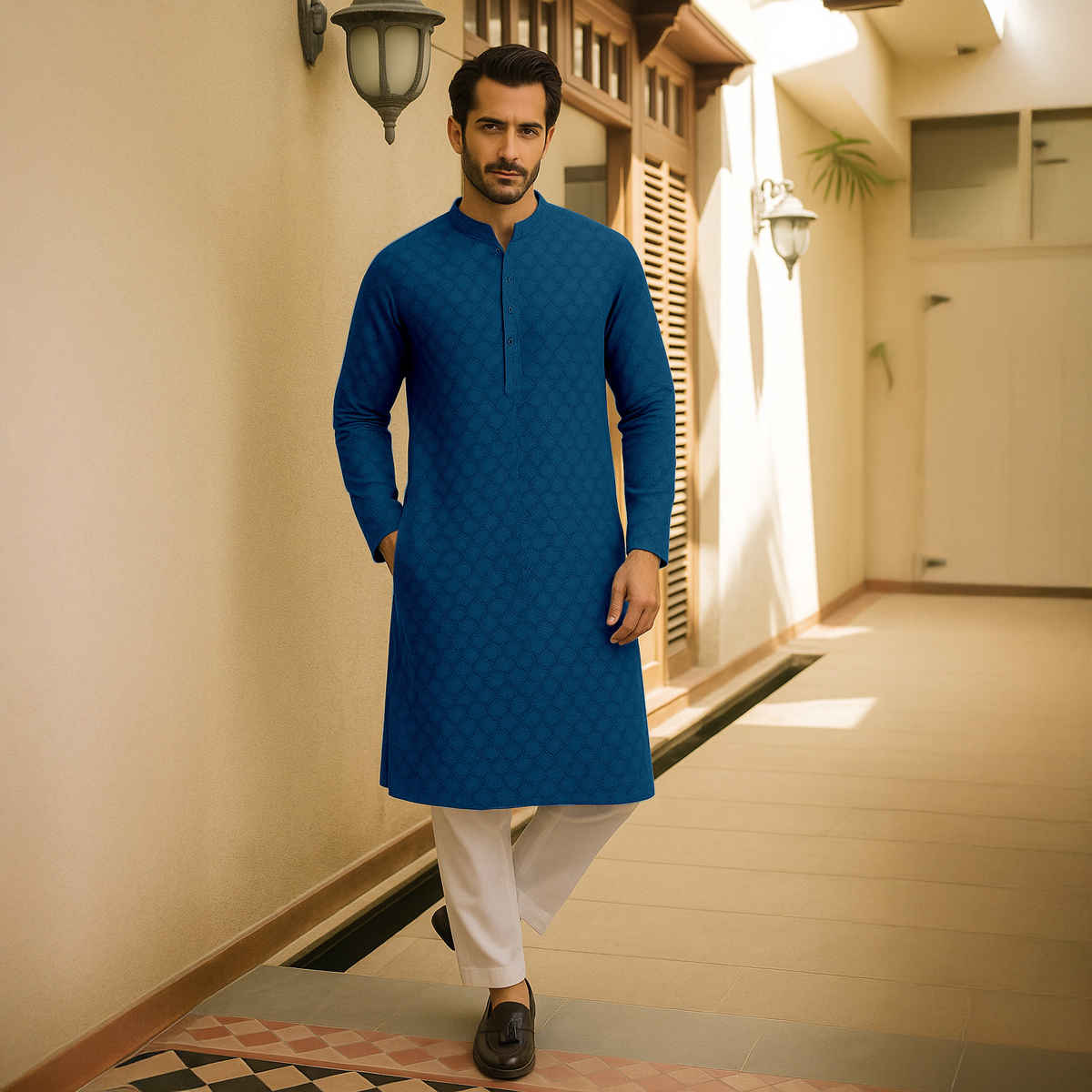Ftx Men's Solid Regular Fit Full Sleeve Polyester Kurta | Q108 4 | Teal - L