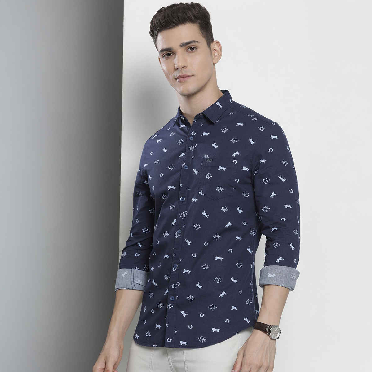 The Indian Garage Co Men's Regular Fit Animal Print Casual Shirt | Navy Blue - 2XL
