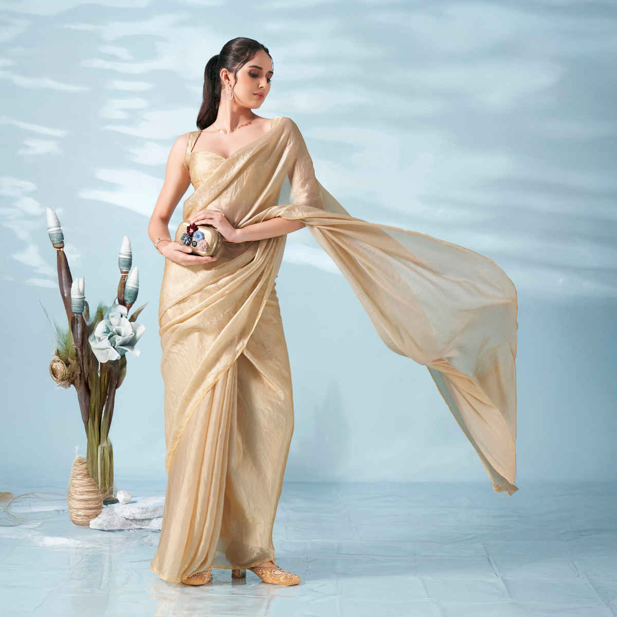 Tikhi Imli Women's Satin Saree With Unstitched Blouse | Beige