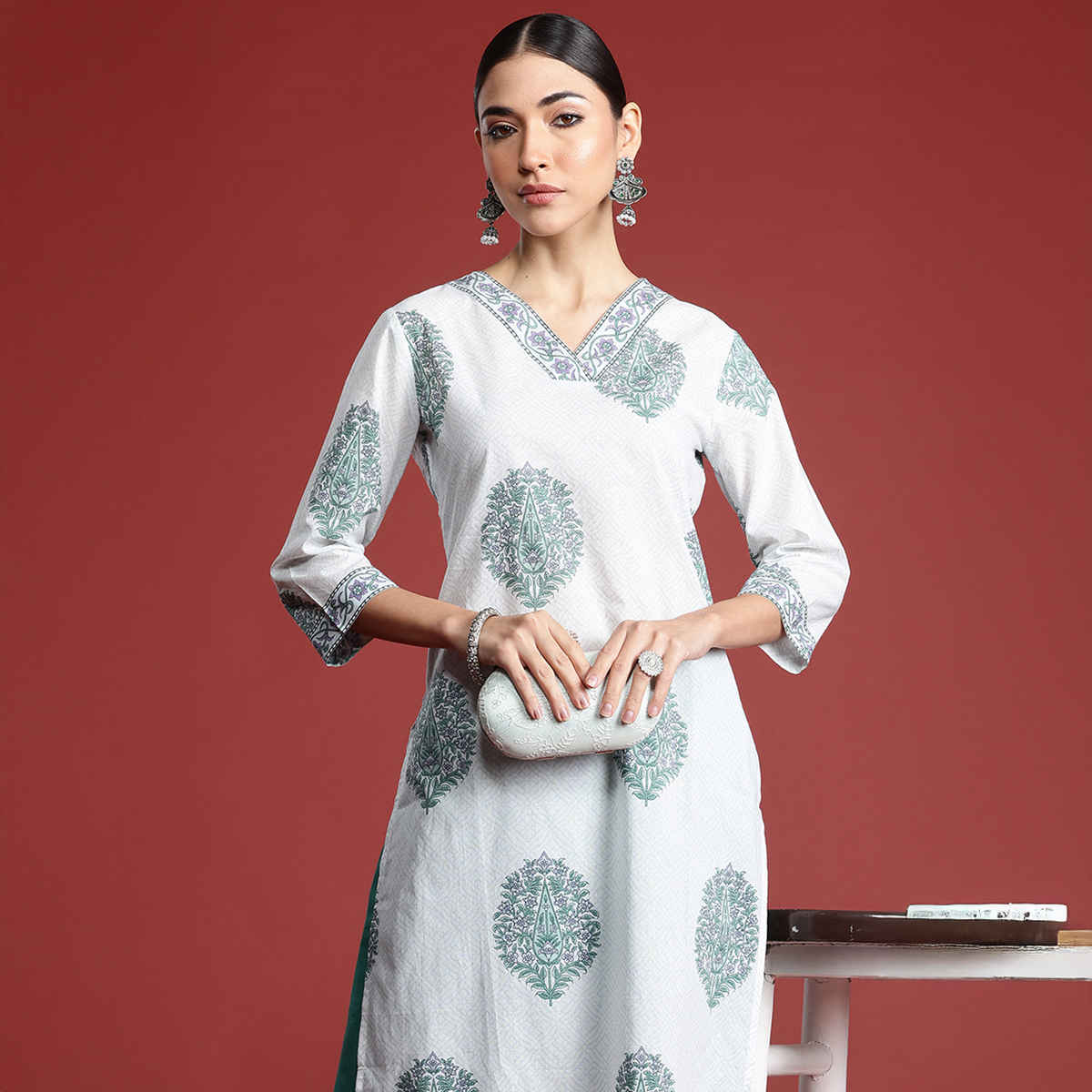 INDO ERA Women's Printed Straight Kurta | KT0WH10063 | White - M