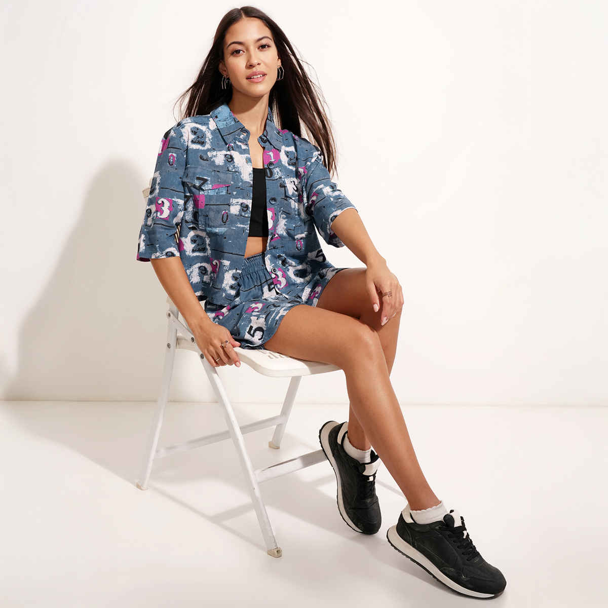 Tokyo Talkies Women's Printed Shirt And Shorts Co - Ord Set| Blue - L