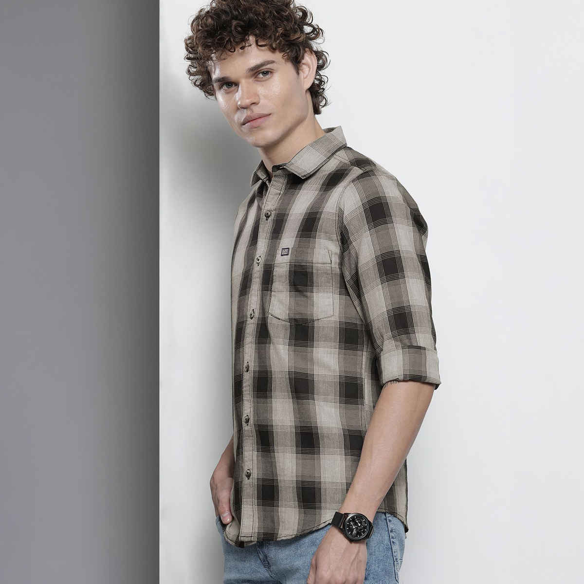 The Indian Garage Co Men's Slim Fit Checkered Casual Shirt | Grey - L