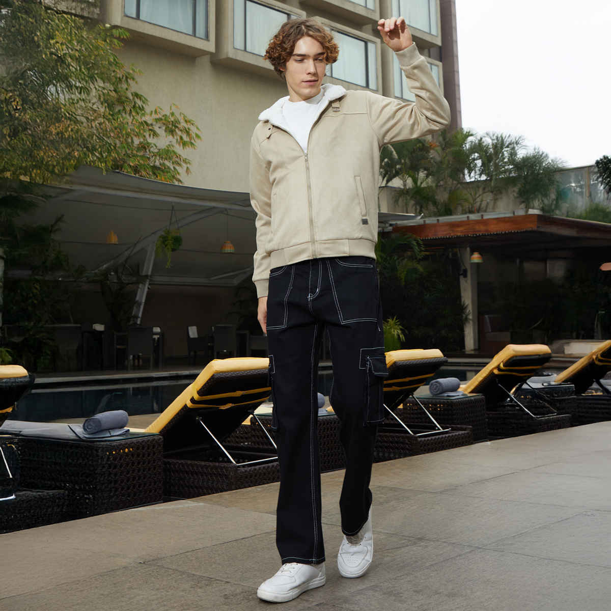 Campus Sutra Men's Fleece-Lined Bomber Jacket | Saltbox Beige & Chalk White - L