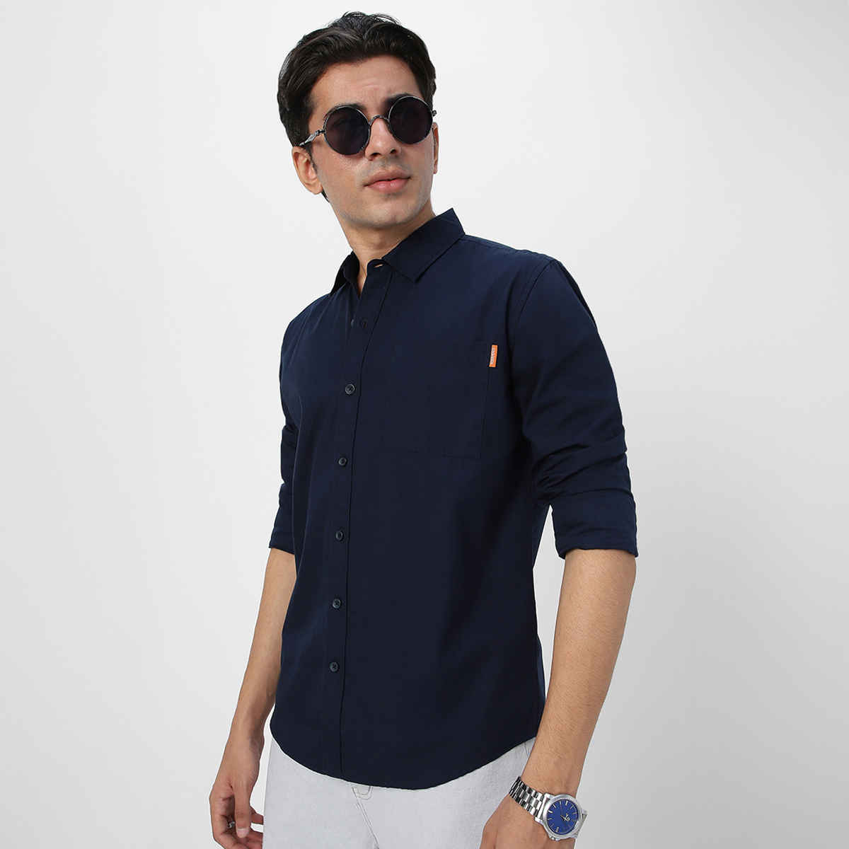 Urbano Fashion Men's Navy Cotton Full Sleeve Regular Fit Casual Solid Shirt-L