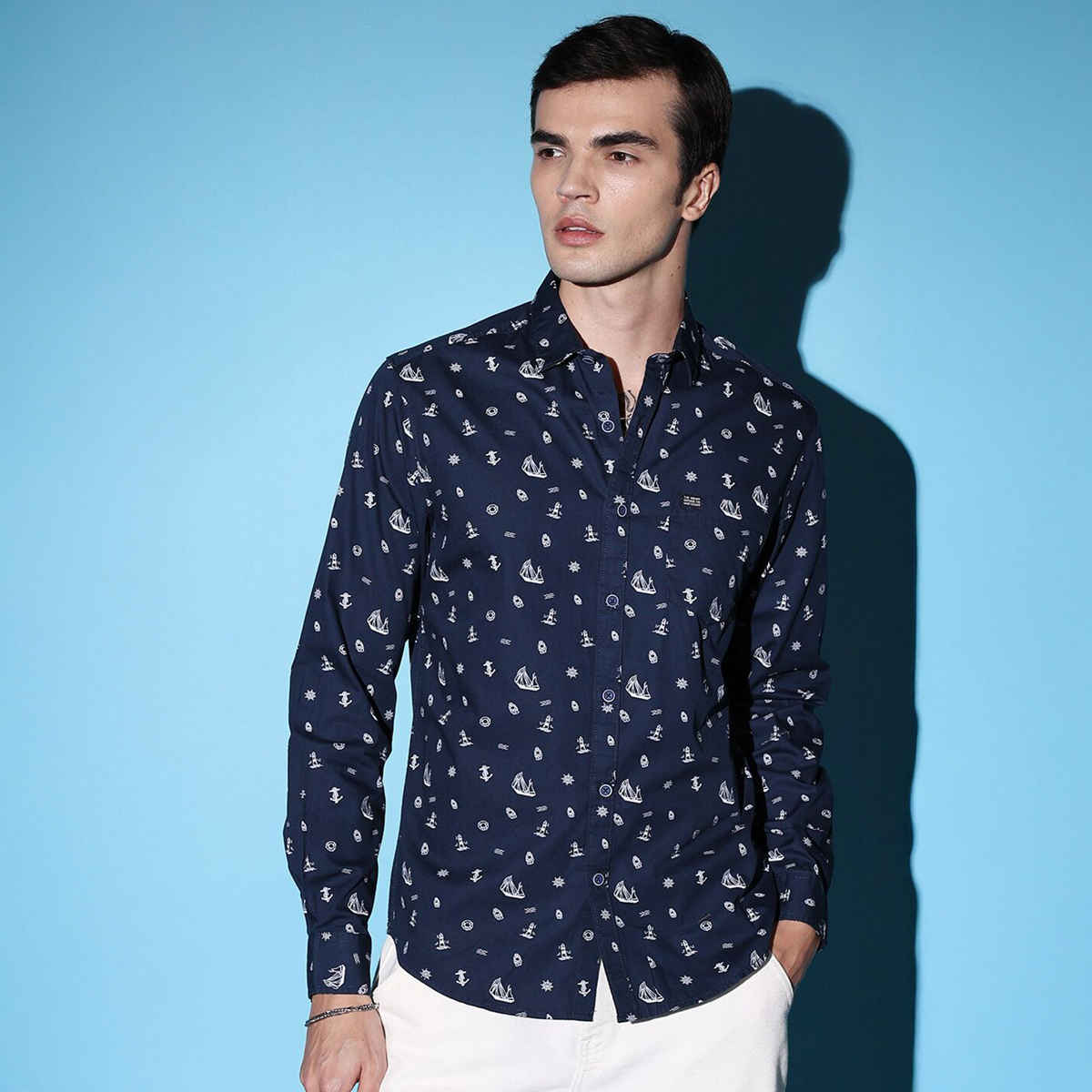 The Indian Garage Co Men's Slim Fit Conversational Print Casual Shirt | Navy Blue - L