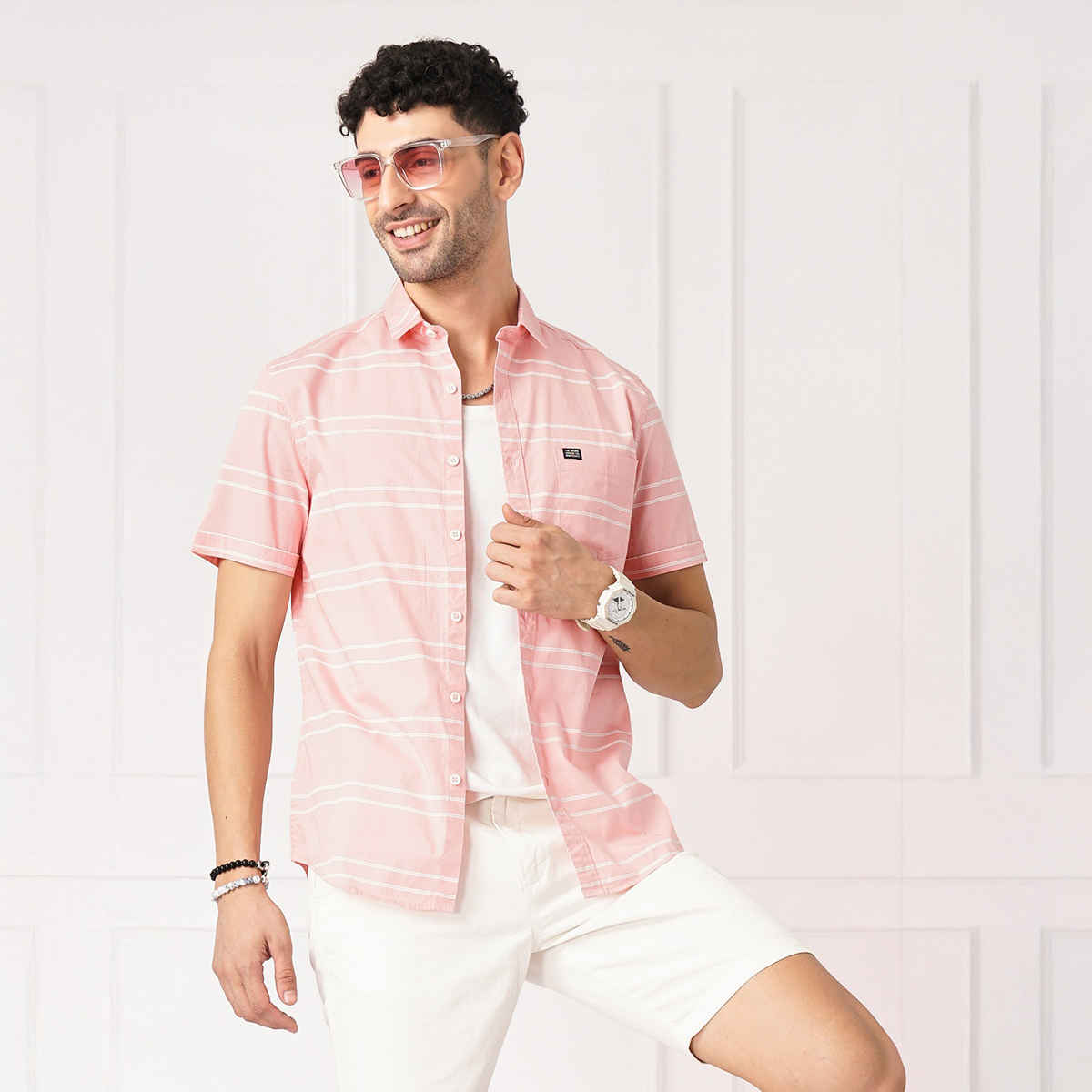 The Indian Garage Co Men's Slim Fit Striped Casual Shirt | Pink - L