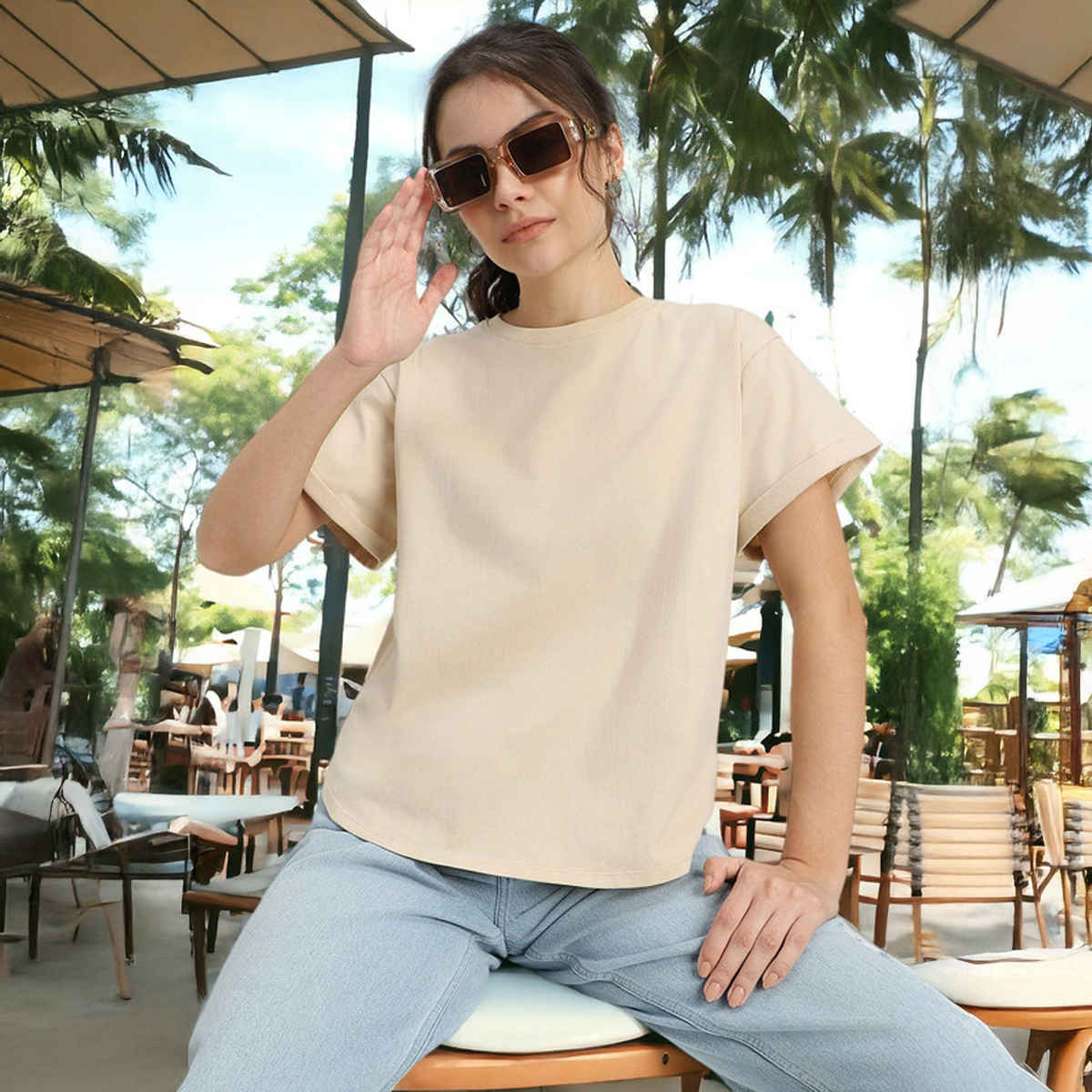 Juneberry Women's Oversized Fit Boyfriend T-shirt | Beige - M