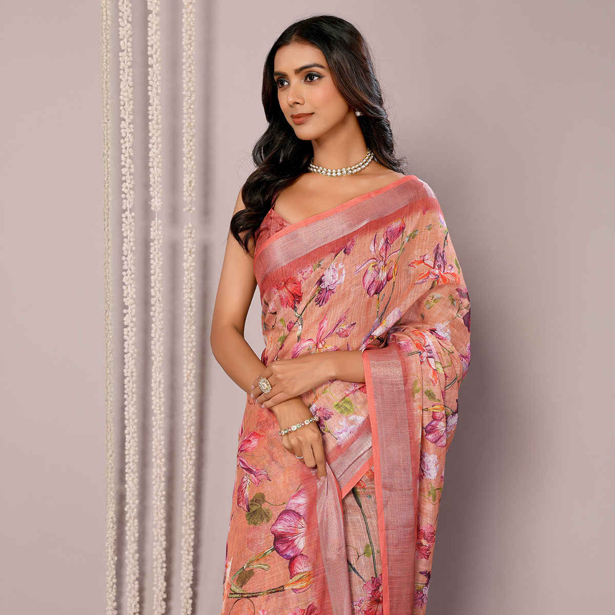 Janasya Women's Cotton Linen Floral Printed Saree with Blouse Piece | SAR452 | Peach