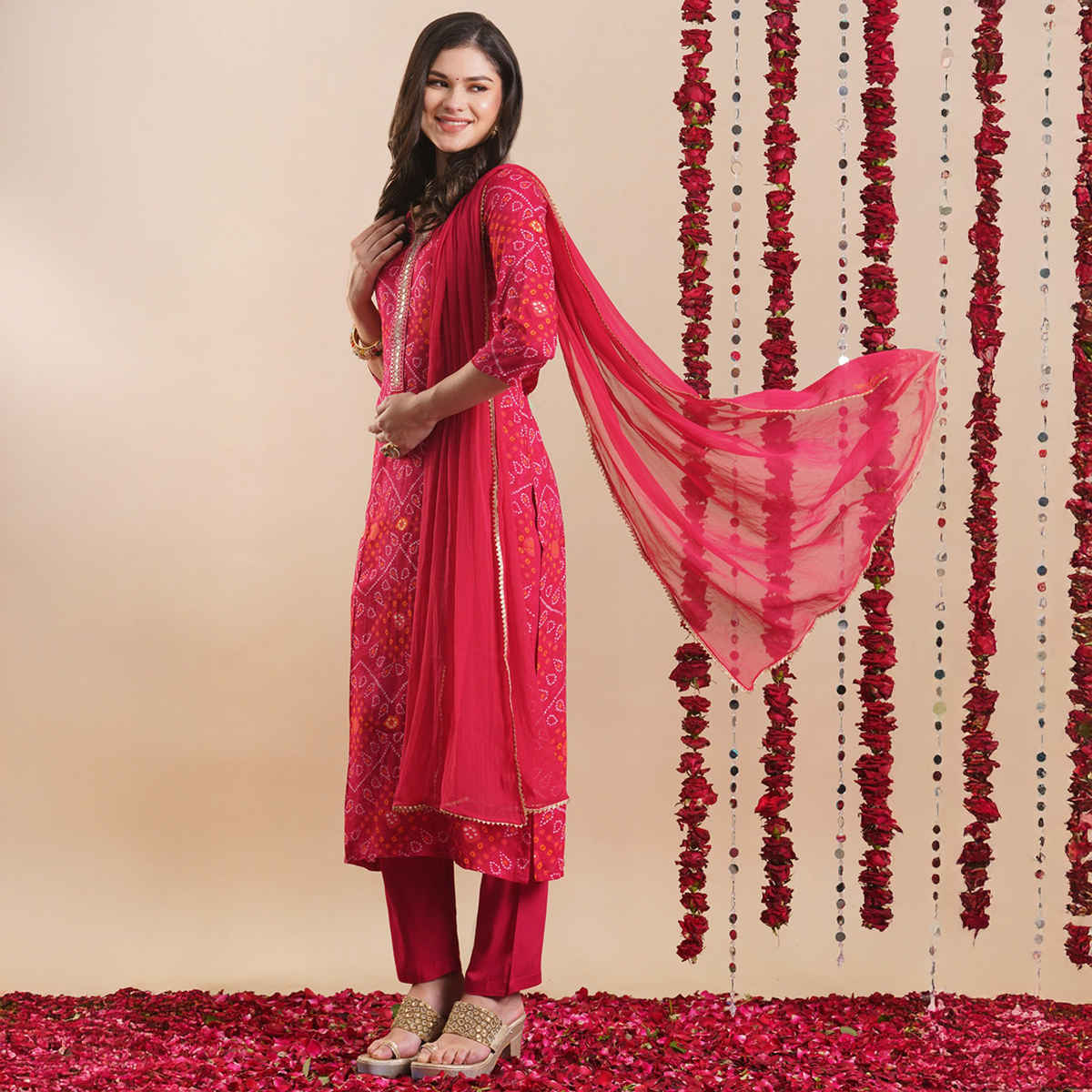 GoSriKi Women's Rayon Blend Straight Printed Kurta with Pant & Dupatta | TURAE | Rani - M