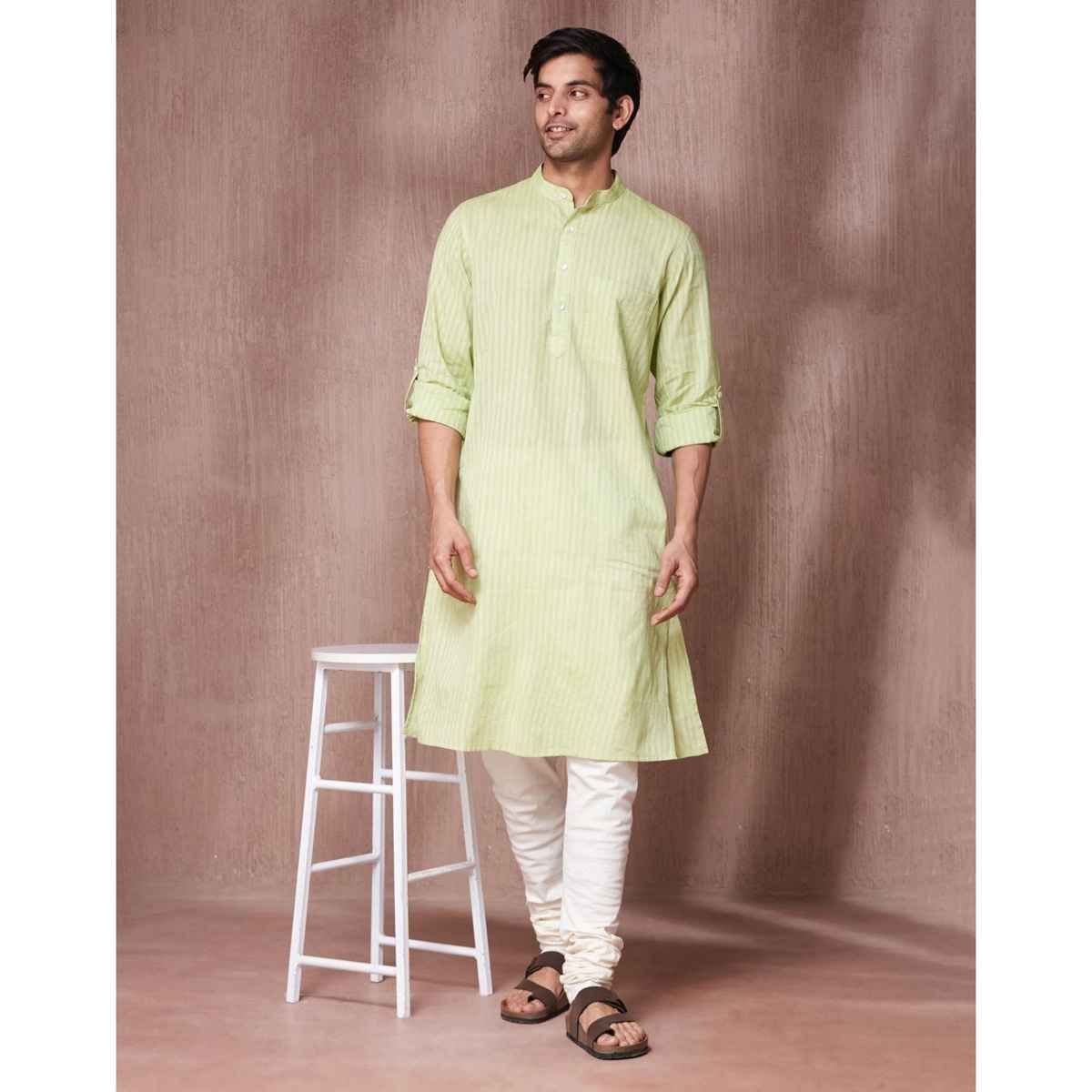 Fabindia Men's Long Kurta Slim Fit Dobby | Light Green - S