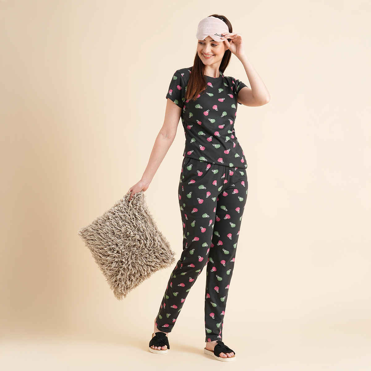 Sweet Dreams Women Printed Half Sleeves Top & Bottom Set Dark Green - XL