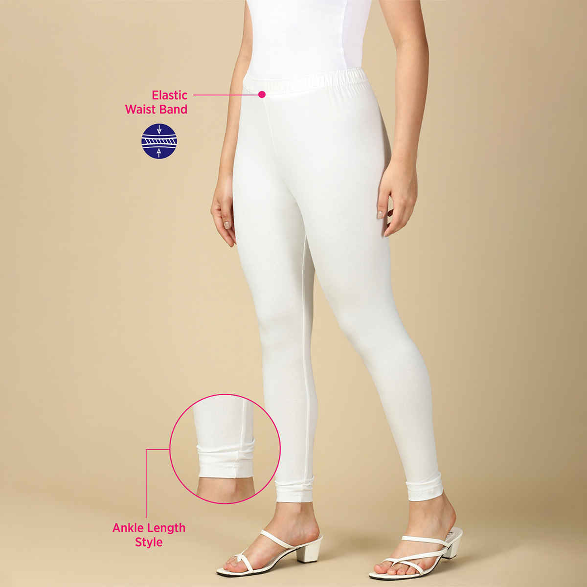 PYNK By Lux Cozi Women Flexi-Fit 360 Stretch Ankle Length Prime Cotton Leggings|Off White|Free Size