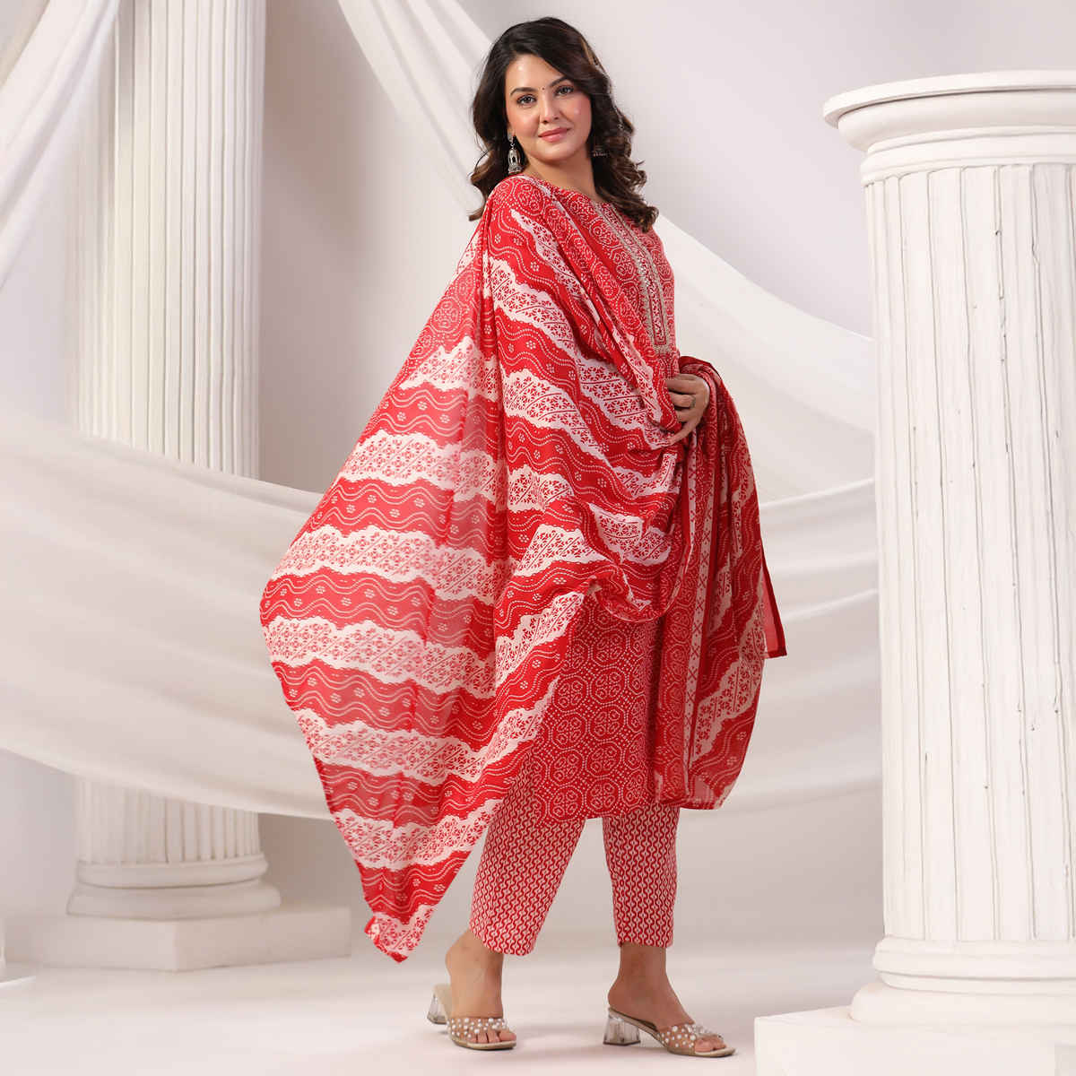 Indo Era Women's Printed Straight Kurta Pant with Dupatta set | KH0MR10930 | Maroon - M